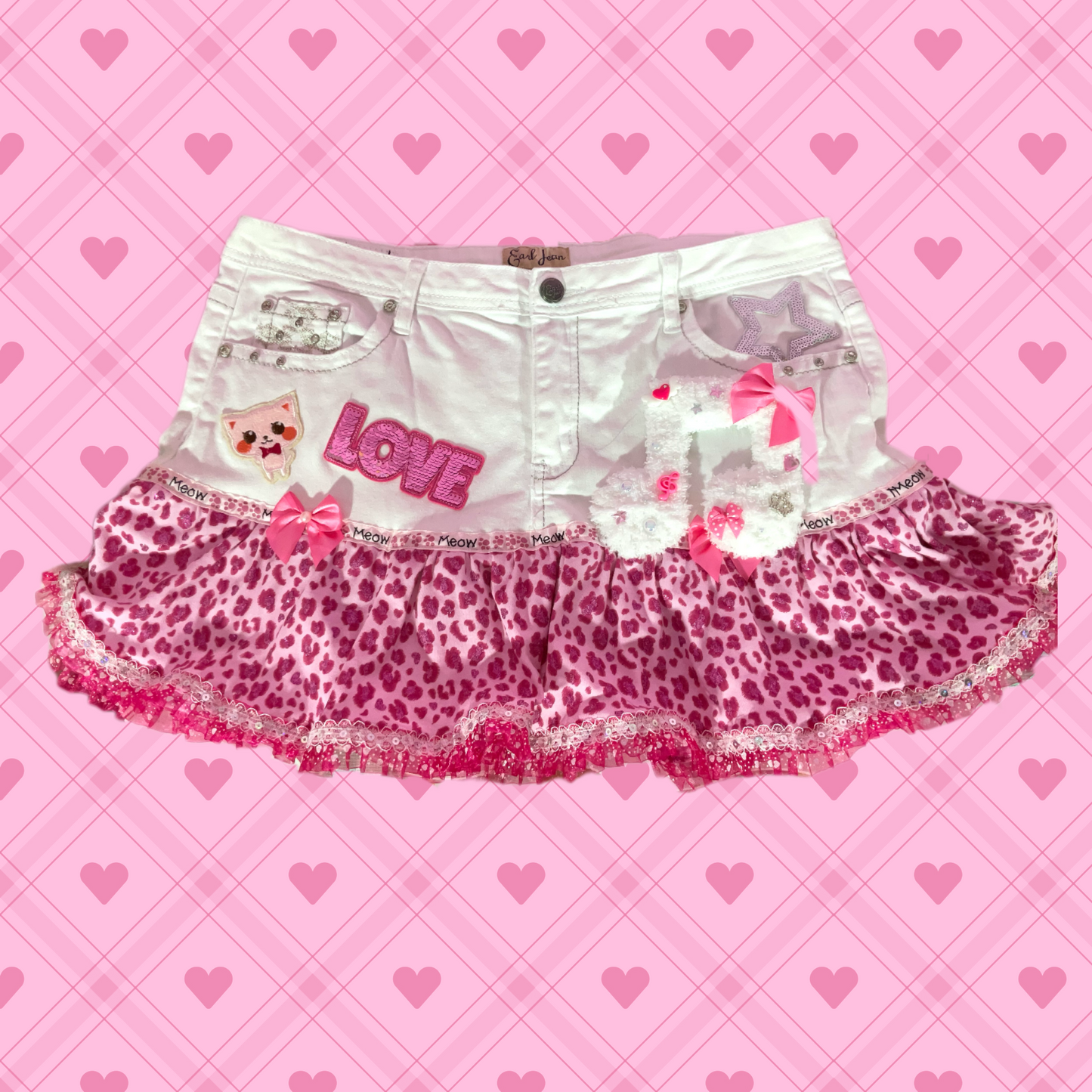 Dazzling Meow Meow upcycled denim skirt