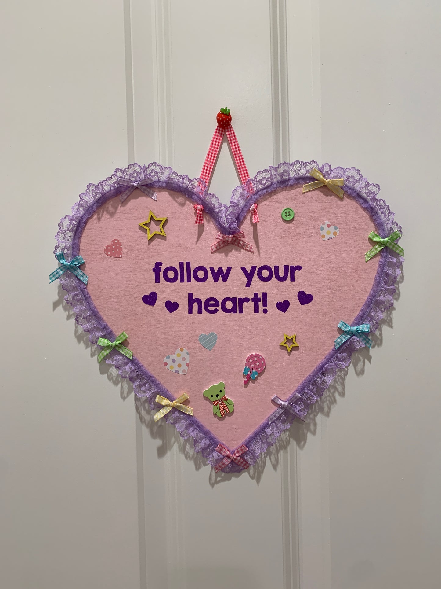Follow Your Heart! Pink and purple heart shaped room sign