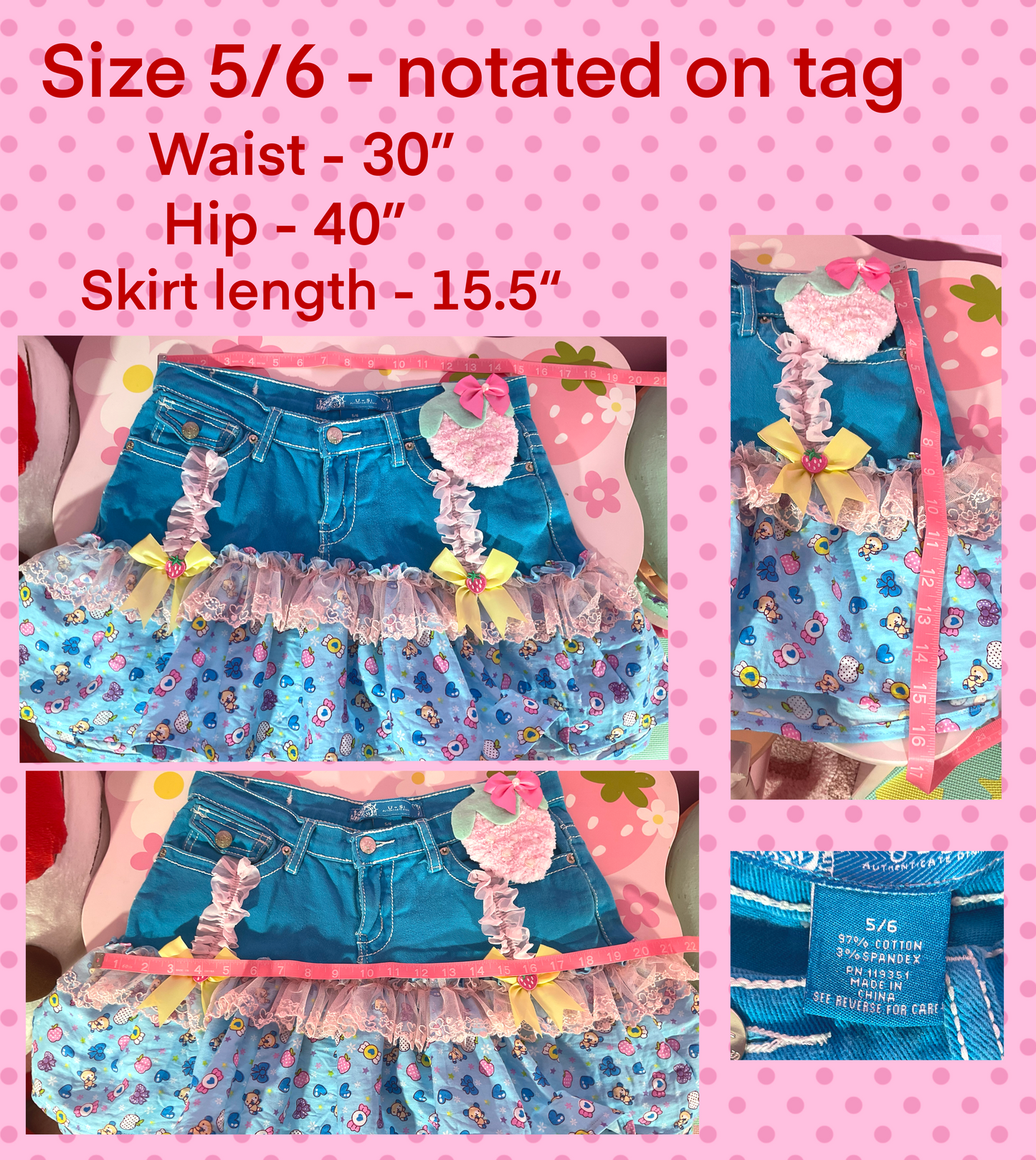 Ultra Cute Strawberry upcycled denim skirt