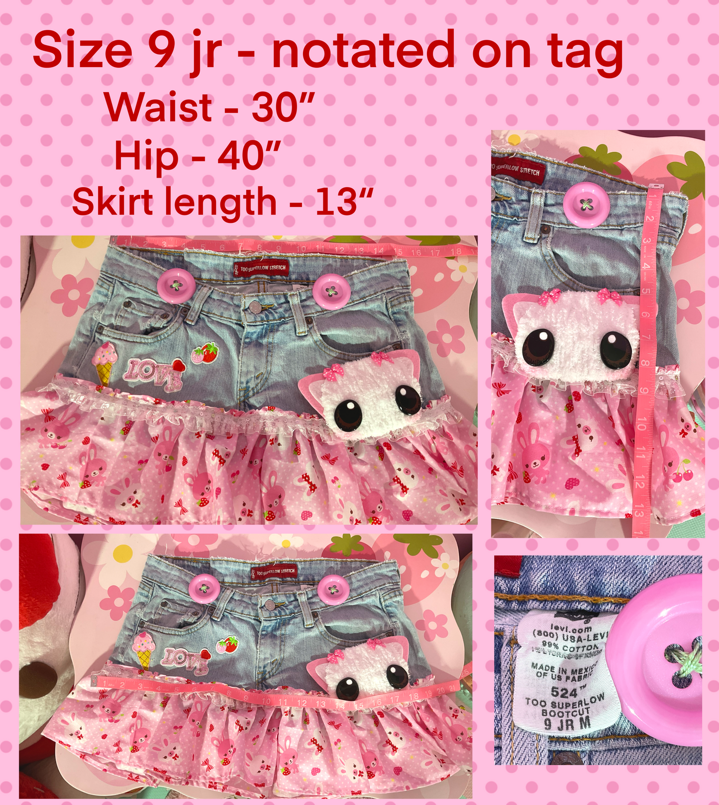 Sweet Pink Creature upcycled denim skirt