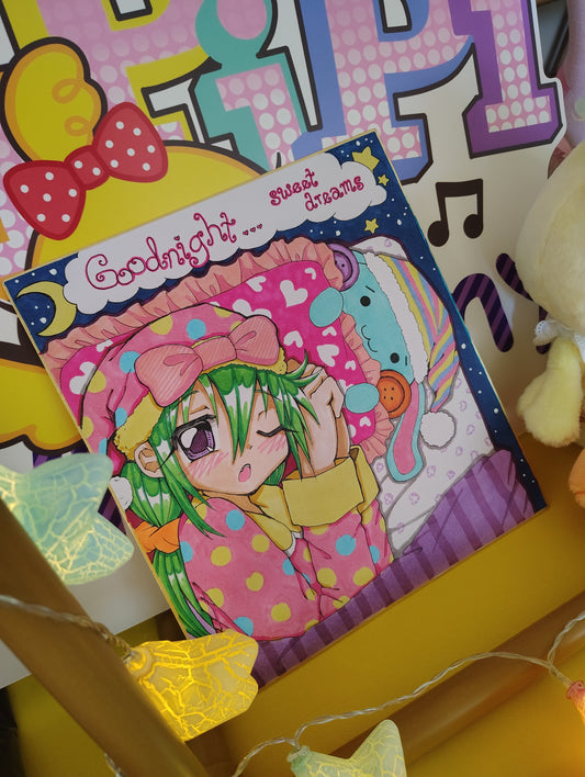 Colorful card with cartoon character on a yellow surface