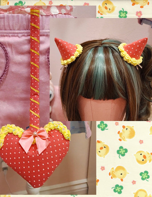 Collage showcasing a rose pink and yellow devil tail accessory with white polkadots, yellow ribbon, and yellow decoden cream, and matching devil horn hair clips.
