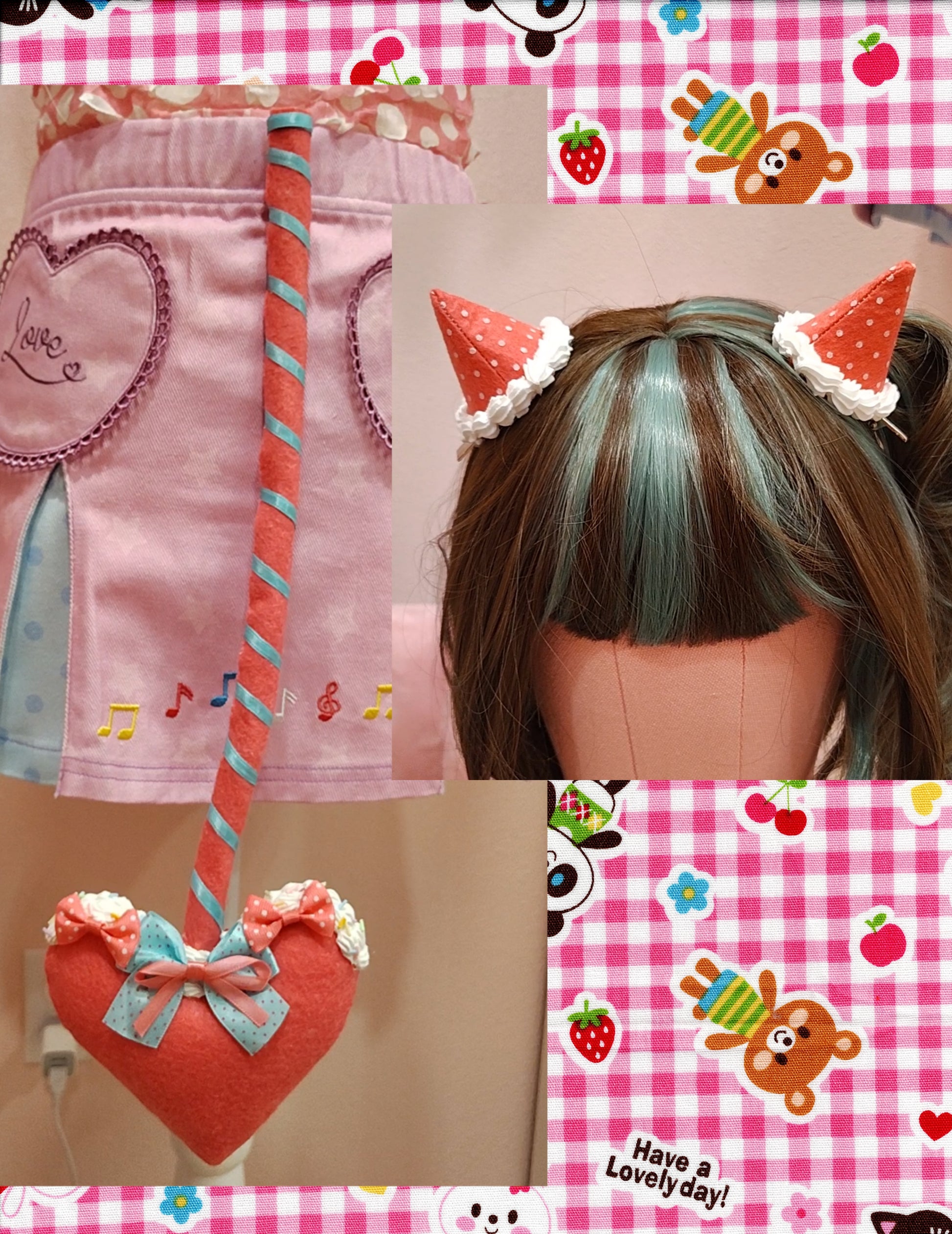 Collage showing pink devil tail accessory with blue ribbon, decoden cream, and matching devil horn hair clips with a polkadot pattern.