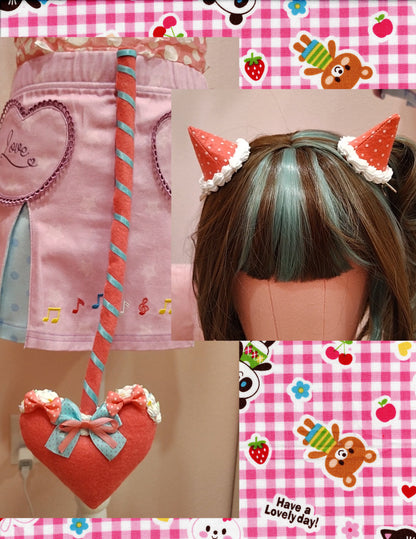 Collage showing pink devil tail accessory with blue ribbon, decoden cream, and matching devil horn hair clips with a polkadot pattern.