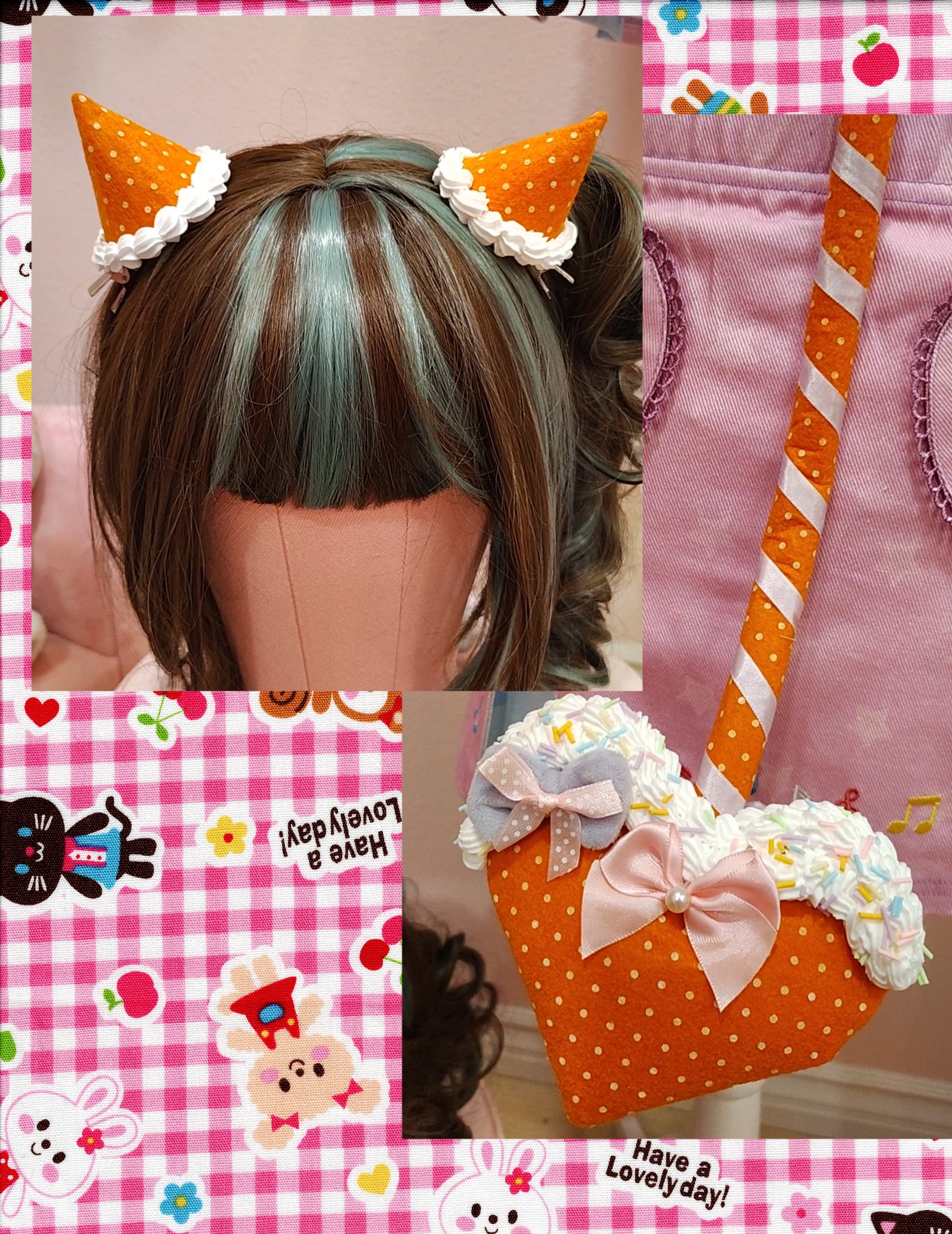 Collage of a mannequin with orange devil horns with white polkadots and decoden cream, and matching devil tail accessory with a heart prong.