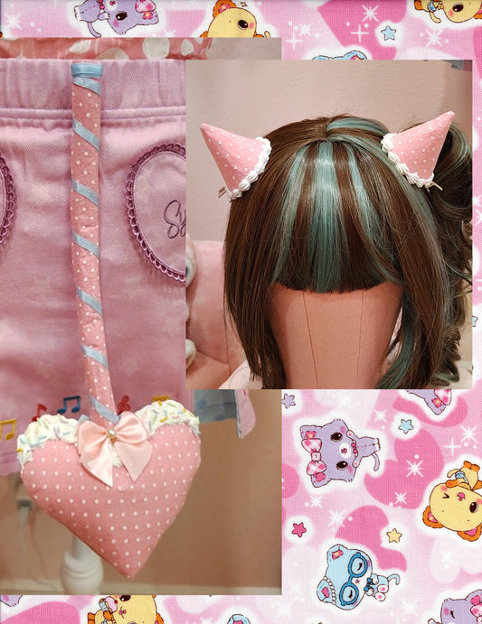 Collage showing pink devil tail accessory with white polkadots, baby blue ribbon, white decoden cream with sprinkles, and a pink bow, and matching devil horn hair clips.
