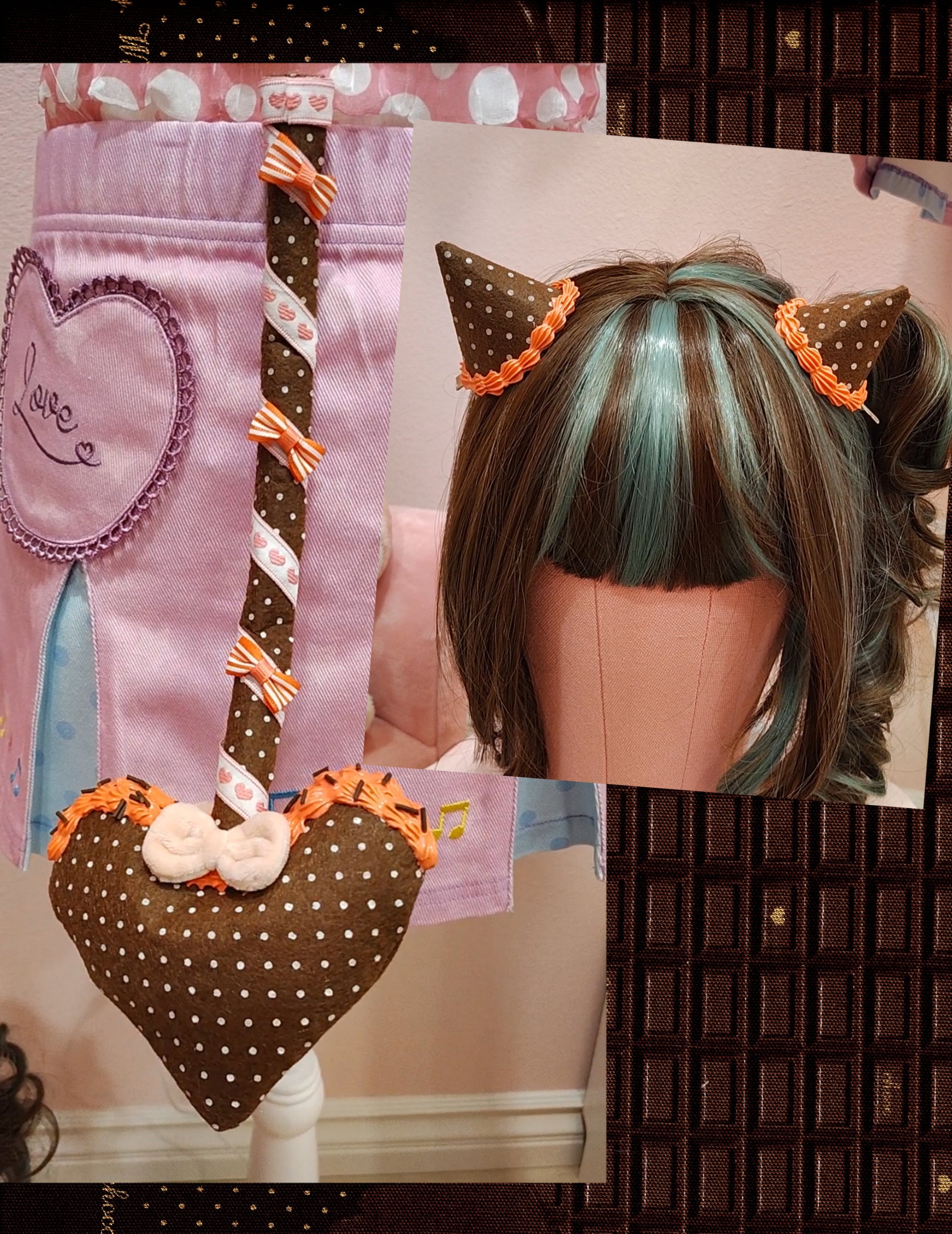 Collage of a brown devil tail with heart prong, white polkadots, wrapped in a multicolored white and orange ribbon detail with decoden cream, next to matching devil horn hair clips on a chocolate fabric background.